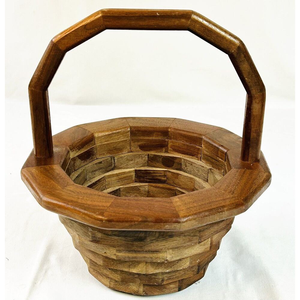 Handcrafted Handmade Geometric Wooden Basket Planter w/ Handle 11.75”